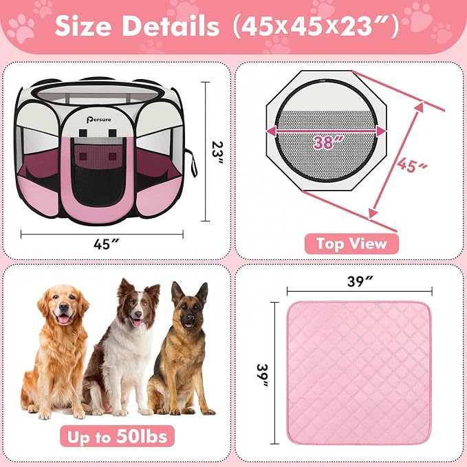 Persure Dog Cat Pet Playpen Puppy Crate Cage for Indoor Outdoor Travel | Nursing Rest Zone Recovering Pet Quarantine Room Portable Pop Up Easy to Set up lightweight (Pink with Pad, Large)