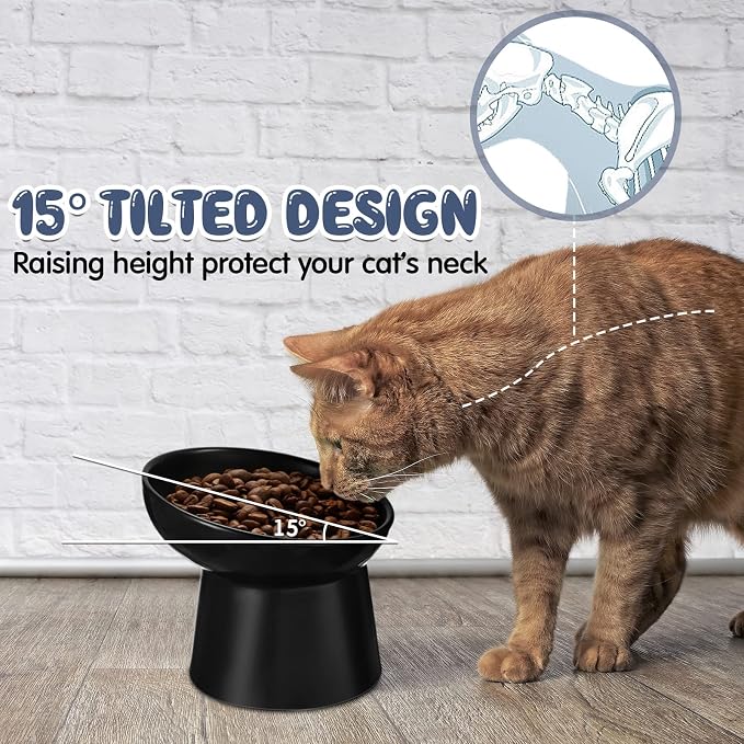 4 Pcs Ceramic Raised Cat Bowls, Elevated Tilted Cat Bowl for Food Water, Stress Free, Backflow Prevention, Dishwasher Microwave Safe, Feeder Dish for Indoor Kitten, Small Dogs(White and Black)