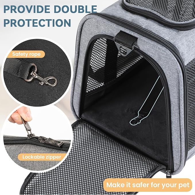 PETSFIT Large Cat Car Carrier,19 x 12 x 12 | Roomy Escape-Proof Cat Car Seat, Safe Driving, Lockable Zippers & Safety Tether, Soft-Sided Travel Carrier