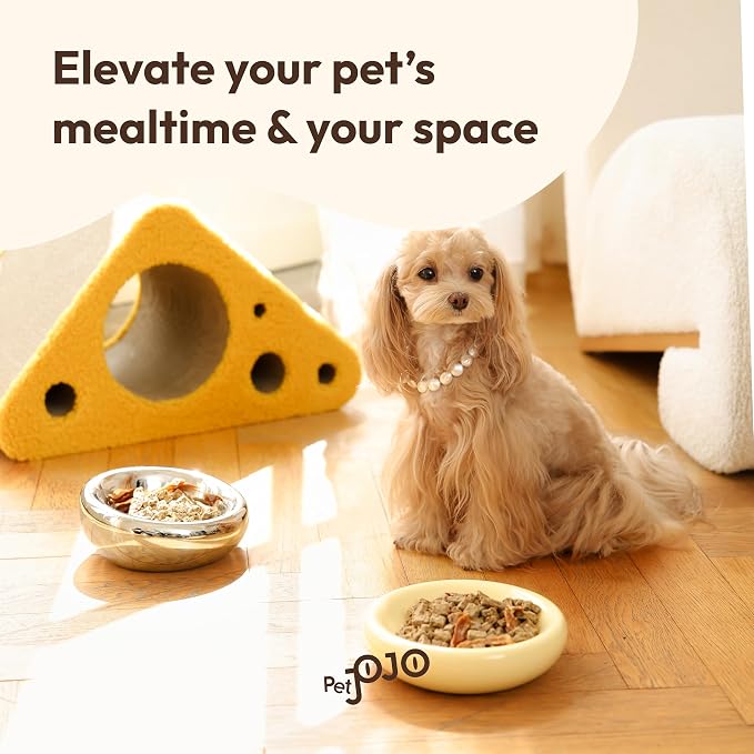 Pebble Pet Bowl Flat Yellow, Ergonomic Dog Cat Feeding Bowl, Flat-Faced Breed, Tilted Ceramic Pet Food Dish, Scooper Eater, Anti-Spill Design, Dishwasher Safe, Modern Pet Bowl, Dry & Wet Diet