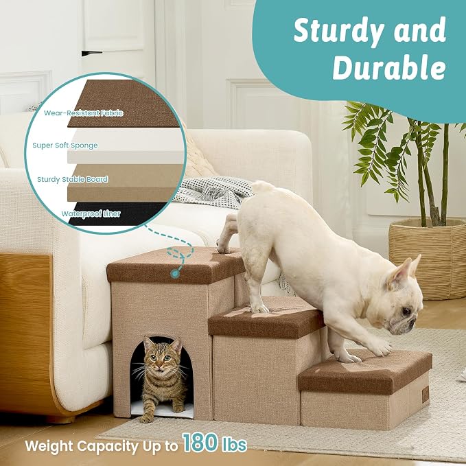 Dog Stairs with Storage, 3-Step Wider Sturdy Dog Steps for Small/Medium/Large Dogs and Older Cats, Doggie Ramp with Condo for Bed/Couch/Car Hold Up to 180 lbs (17.7" H, Brown)