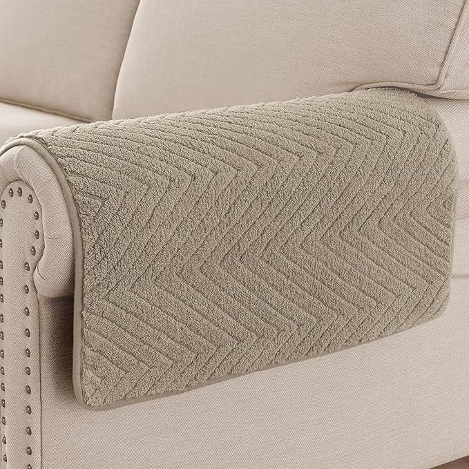 Turquoize Waterproof Couch Armrest Covers for Sofa Non-Slip Fuzzy Couch Arm Covers Set of 2 Washable Thick Soft Recliner Chair Arm Cover Protector Cover (Khaki, 23" x 23" 2 Pack)