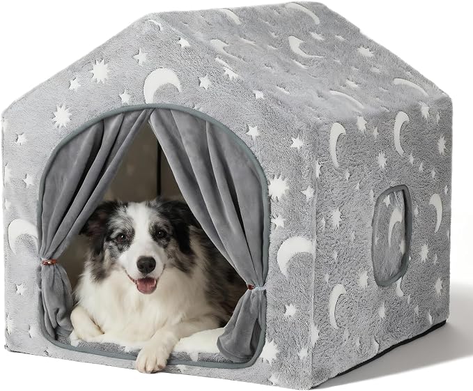 Indoor Dog House, Soft Warm Glow Dog Cave for Medium & Large Dogs | Warm Plush Dog Cave Bed with Sturdy Frame, Machine Washable, Non-slip, for Indoor Dogs and Cats