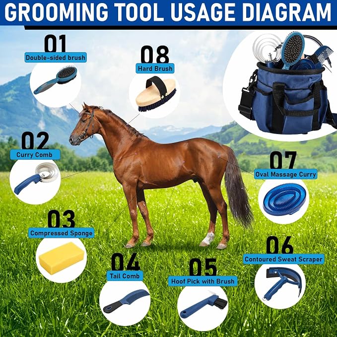 Cunhill 9 Pcs Horse Grooming Kit Tack Room Supplies Set with Tote Bag, Oval Massage Curry, Hard and Soft Brush, Hoof Pick, Sweat Scraper, Bathing Sponge, Comb for Horse Rider(Classic,Dark Blue)