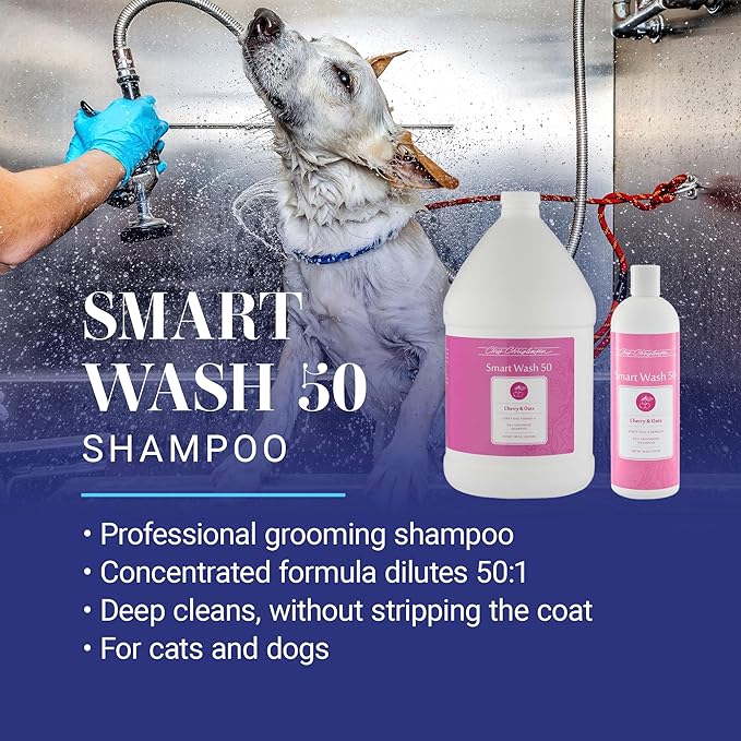 Chris Christensen Smartwash50 Cherry & Oats Ultra Concentrated Dog Shampoo, Makes Up to 50 Bottles, Groom Like A Professional, Delightfully Fragranced, Suitable for All Coats, Made in USA, 16 Oz