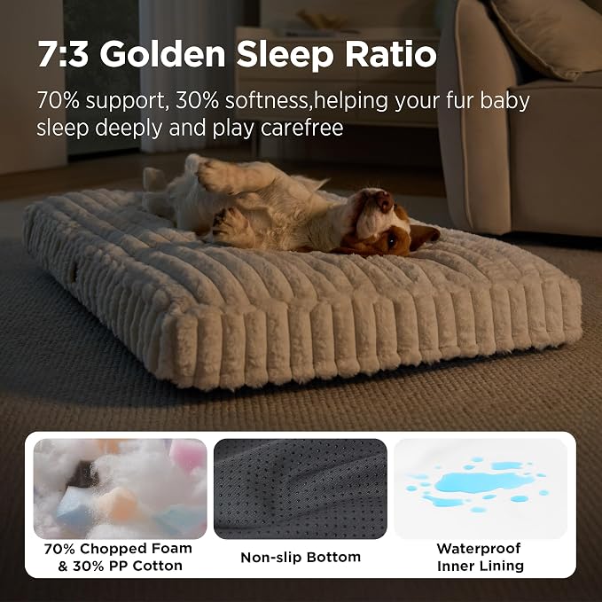 Bedsure ComfyFleece™ Fluffy Balanced Support XL Dog Bed,47x29 | Golden Ratio Chopped Foam & PP Cotton, Upscale Home Decor,Waterproof Liner, Removable Washable Cover, Nonslip Bottom,Cream