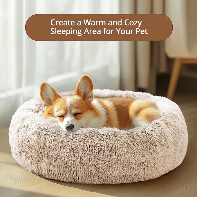 JOLLYVOGUE Calming Dog Beds Large Sized Dog, 36in Donut Washable Large Pet Bed, Anti-Slip & Anti-Anxiety Fluffy Faux Fur Round Dogs Bed, Fits up to 80 lbs Pets (Cream Brown)