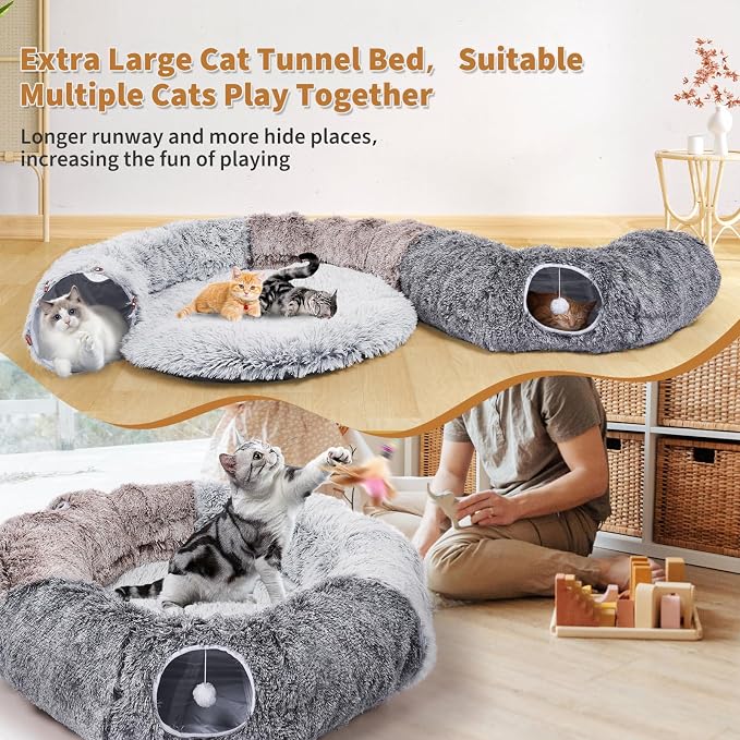 Large Cats Tunnels for Indoor Cats Fluffy Warm Cat Bed and Detachable Cave Tunnels with 20 Pet Toys, Donut Tunnel and Variety Kitten Toy Set for Playing