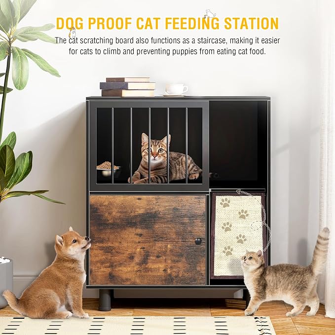 Dog Proof Cat Feeding Station, Cat Feeding Station, Pet Food Storage, Black | Raised Bowls for Indoor Cats, Elevated Food Bowls with Stand, Scratching Board, Stainless Steel Bowls