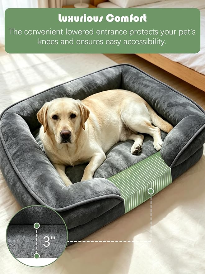 Spotted Play Orthopedic Dog Bed with Sides - Sofa Beds for Extra Large Dogs, Supportive Foam Pet Couch Bed with Washable Removable Cover, Waterproof Lining and Non-Slip Bottom, Dark Grey - XL
