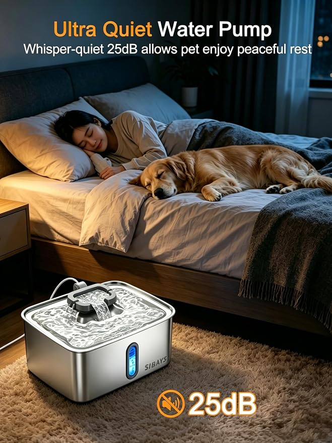 SIBAYS 4Gal/15L Dog Water Fountain for Large Dogs, Stainless Steel Large Pet Water Fountain, Ultra Quiet Automatic Dog Water Bowl Dispenser with Water Level Window and LED Light(FS78, Silver-Grey)