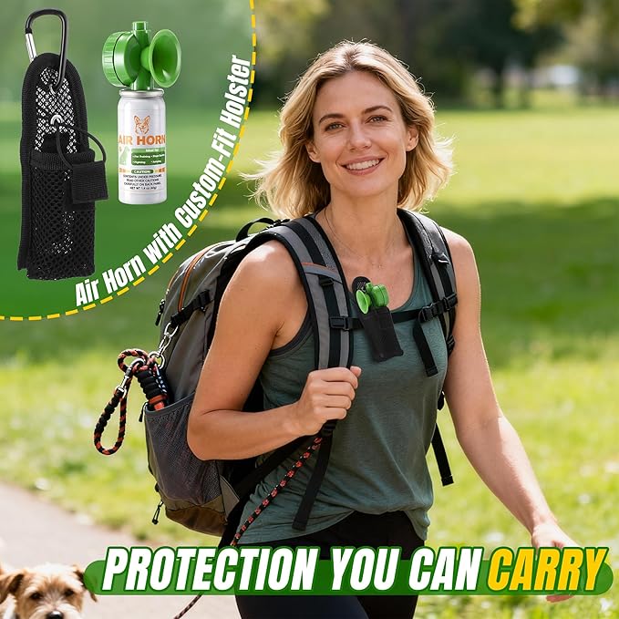 Air Horn with Holster, 1.4 oz 120 dB Loud Pet Trainer to Stop Dog Attacking Barking Fighting Jumping, Coyotes Air Horn for Safety, Protect Yourself & Pet While Walking, Green(2 Pack)