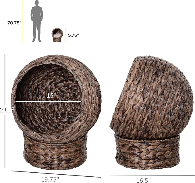 PawHut Handwoven Elevated Cat Bed with Soft Cushion & Egg Chair Shape, Basket Kitty House with Stand, Raised Wicker Cat Bed for Indoor Cats, 23.5" H, Gray | Soft Cushion, Basket Bed Kitty House with Stand, Raised Wicker House