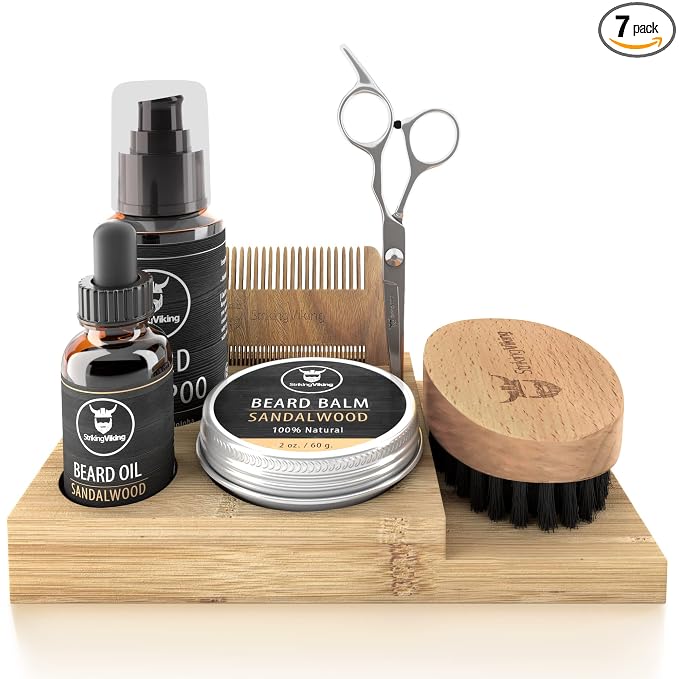 Striking Viking Beard Grooming Kit with Caddy - 7 Piece Set, Sandalwood | Softening Sandalwood Beard Oil & Balm - Brush with Mustache Comb & Scissors - Compact Caddy Organizer & Gifts for Men