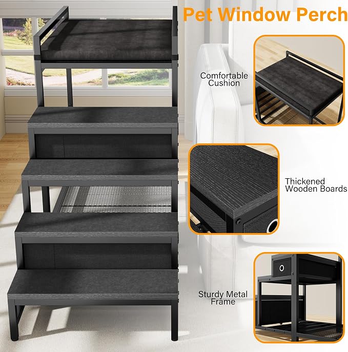 kepptory Pet Bunk Bed with Stairs and Storage, Dog Beds Attachment to Human Bed, Bedside Dogs Cot for Small, Medium Cats & Dogs, Pet Window Perch (Black)