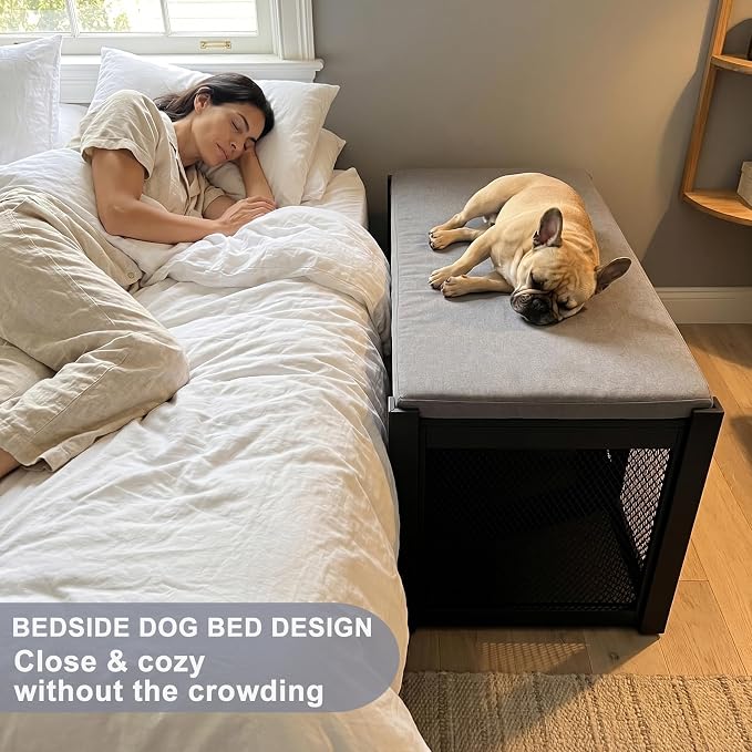 Faceket Dog Crate Furniture with Padded Seat, Luxury Wooden Dog Kennel, End of Bed Bench Ottoman with Removable Cushion for Bedroom, Entryway, Black