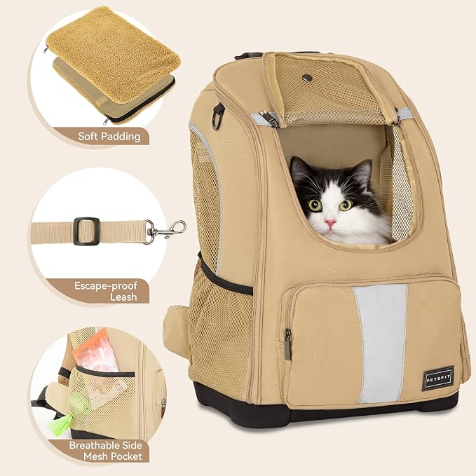 Petsfit Pet Dog Carrier Backpack with Upgraded Weight Reduction Design, Cat Dog Backpack with Large Ventilations, Easy-Fit for Traveling Hiking Camping for Small Medium Dogs and Cat, Khaki