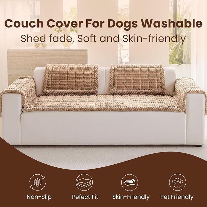 Couch Cover for Dogs Washable, Non Slip Couch Covers for 3 Cushion Sofa Pet Friendly, Fuzzy Pet Couch Cushion Covers for Dog, Thick, Soft for Sofa Protector (Camel, 27.6" x 70.9"/70 x 180cm)