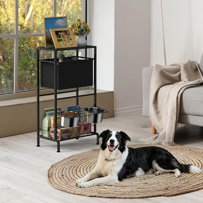 Raised Dog Bowl Stand with Storage Basket and Shelves, Height Adjustable | Dog Feeding Station with Pet Storage Organizer for Small Medium Large Dogs Cats, Black