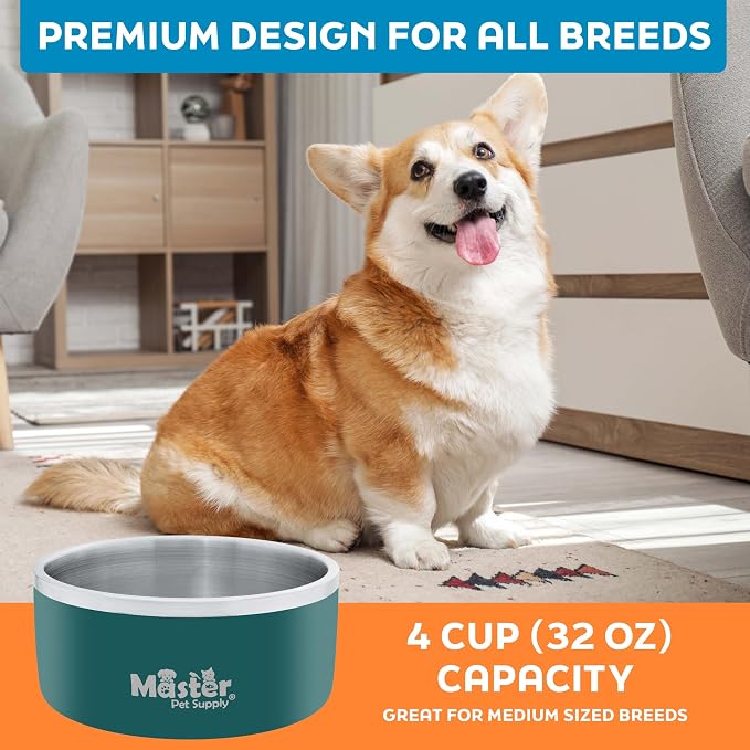 Master Pet Supply Stainless Steel Dog Bowls - 32 oz, Heavy Duty - Emerald Sea, Double Wall Extra-Thick Insulated, Non-Slip Pet Water Bowl for Dogs, Cats & Pets, Anti Rust Metal, Dish Washer Safe