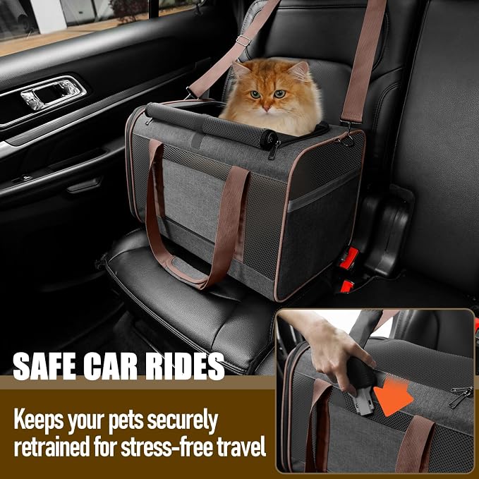 GAPZER Large Cat Carrier Soft, Collapsible Travel Pet Carry Bag, Small Dogs | Large Kitty Cat 20 lbs Maine Coon, Top Load Transport Small Puppy Dog Kennel, Yorkie Little Dog 10lbs, Ventilation Brown