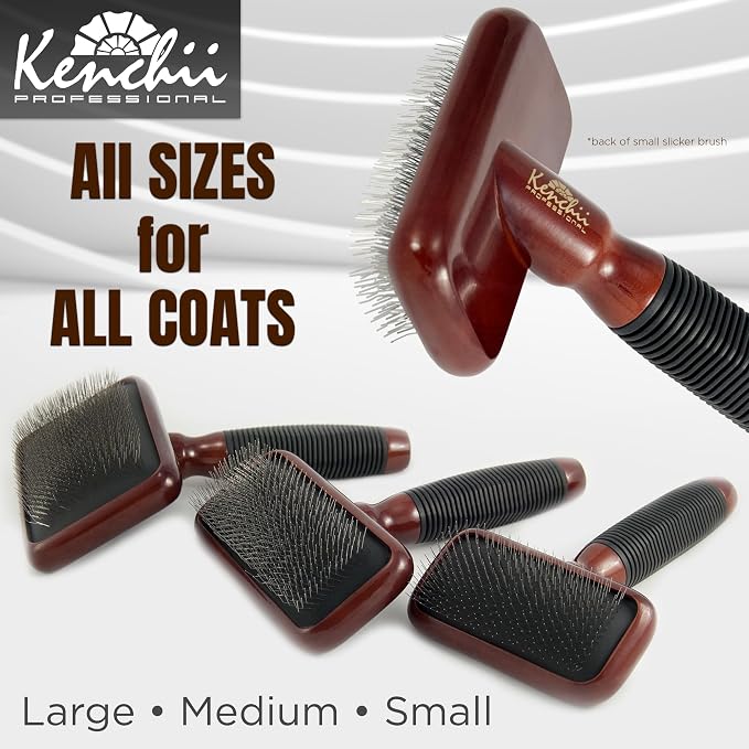 Kenchii Slicker Brush for Dogs, Professional Dog Grooming Brush for Loose Fur, Tangles, Long Short Haired, Stainless Steel Pins, Maplewood Handle, Medium