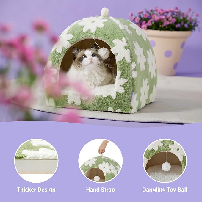 Lesure 2in1 Cute Cat House for Kitten with Washable Cushioned Pillow,17.3in | Cat Beds for Indoor Cats,Small Pet Cave Tent,Cozy Enclosed Foldable Hideaway,Fluffy Ball,Anti Slip Bottom,Hand Strap,Green