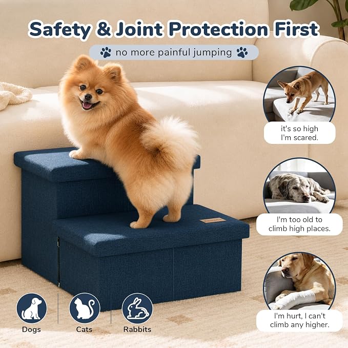 2-Step Wide Dog Stairs with Storage 11" H, Non-Slip Sturdy Pet Steps for Couch Chair, Dog Steps for Small/Medium Old Dogs, Cats, Rabbits Up to 150lbs, Foldable Cat Puppy Stairs for Car, Navy