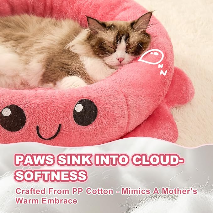 Cute Calming Dog Beds Clearance for Medium Small Dogs, Anxiety Bolster Dog Bed with Octopus Shape, Pink, Red, Boho, Round Pet Bed Cat with Removable Cushion