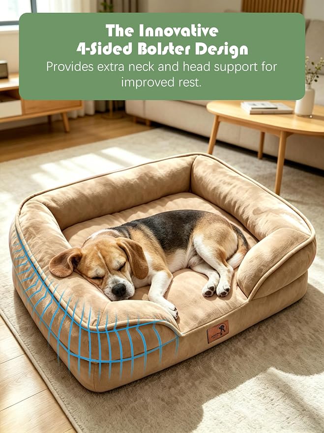 Spotted Play Orthopedic Dog Bed with Sides - Sofa Beds for Medium Dogs, Supportive Foam Pet Couch Bed with Washable Removable Cover, Waterproof Lining and Non-Slip Bottom, Brown - M