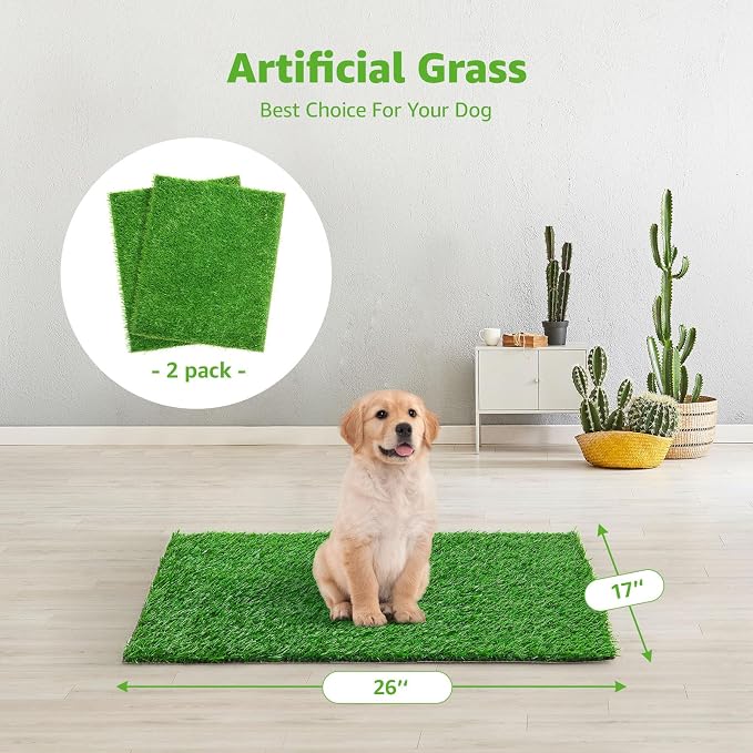 2 Pack Artificial Dog Grass Pee Pad 26" x 17", Indoor Potty Training Turf | Easy to Clean, with Drainage, Reusable, Realistic, Fake Grass Mat, for Apartment, Balcony, Outddor Use