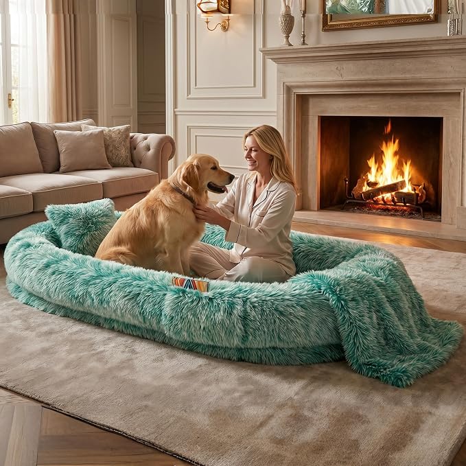 Human Dog Bed, Oversized Plush Lounger Bed with Plump Pillow and Blanket | 71" x 45" x 12" Long Plush Polyester Floor Nest for Relaxing, Napping, Reading, and Family Cuddle Time - Gradient Green