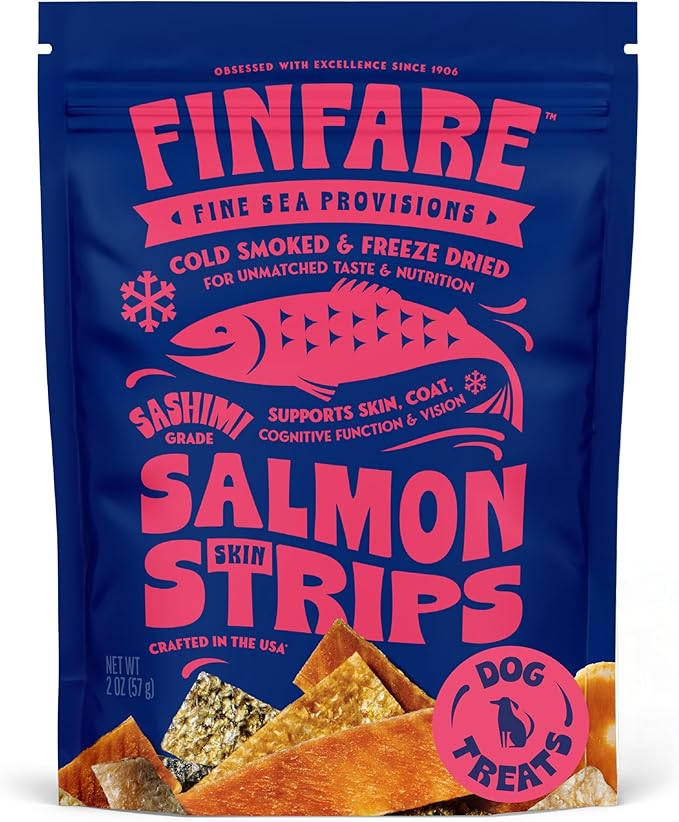 Finfare Freeze Dried Salmon Skin Treats for Dogs, Protein & Omega-3s, Grain Free Salmon Dog Training Treats, Crafted in USA, Strips - 2oz