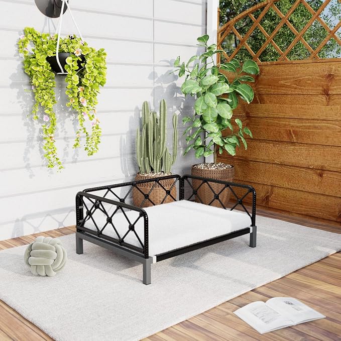 Elevated Indoor & Outdoor Dog Bed for Small Dogs, Durable Rattan Wicker Pet Sofa with Removable Washable Waterproof Cushion, Stylish Dog Couch, Black Rattan/White Mat