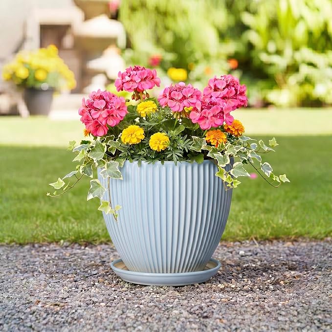10 Inch Pots for Plants, Ceramic Plant Pots with Drainage Hole and Saucer, Modern Flower Pots for Indoor Plants, Decorative Large Planter, Entryway Decor, Gardening Gifts, Light Blue