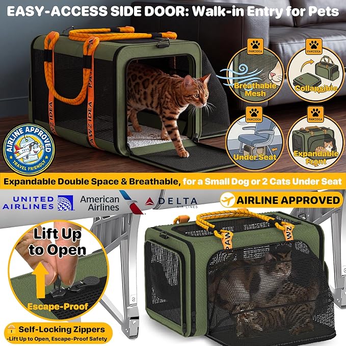 PAWZIDEA Expandable Pet Carrier for Small Cats & Dogs, TSA Airline Approved | 18"×11"×11" Soft-Sided Small Dog Travel Bag, Collapsible Top-Load Cat Carrier for 2 Cats Under Seat, Puppy Car Seat Up 15lbs