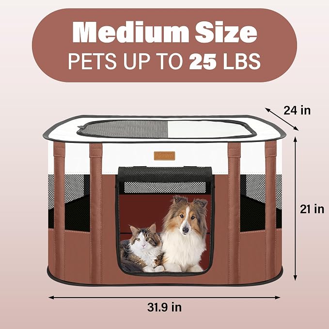 Dog Playpen - Foldable Cat Play Pens for Pubby, Kitten, Rabbit, Portable Pet Tent with Carring Bag for Indoor/Outdoor Travel Camping (Brown-Medium)