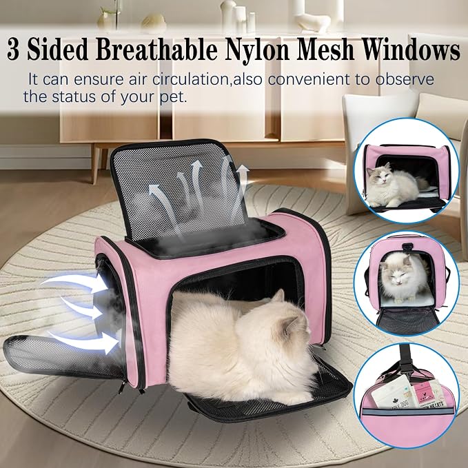 Top tasta Dog Cat Carrier Pet Carriers for Large Cats Small Dogs Carrier Soft Sided Puppy up to 25Lbs Dog Carrier Portable Foldable Dog Cat Travel Carrier (Large-Pink-20 * 13 * 13)