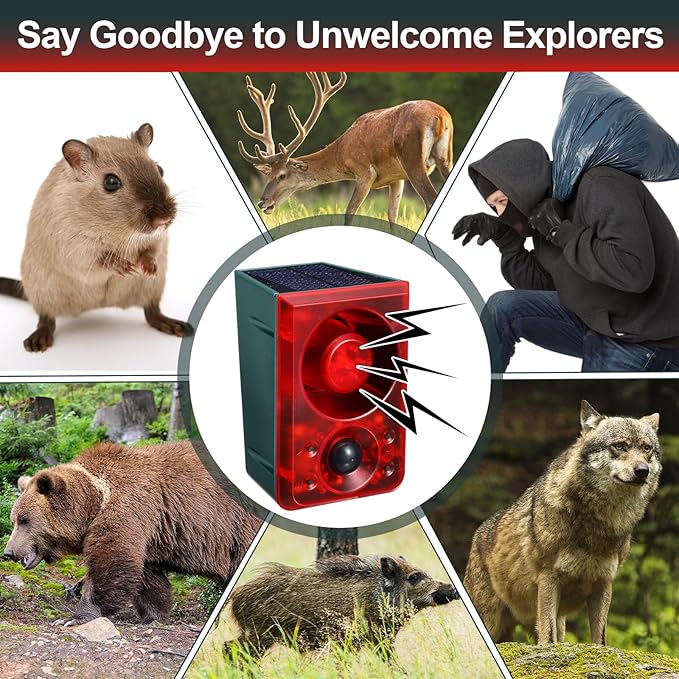 Qualirey 4 Pcs Solar Outdoor Motion Sensor Alarm Animal Deterrent Gunshot Sound Dog Barking 130db Loud Noise Maker 3 Modes with USB Remote Control, Support Recording and Volume Adjustment (Red)