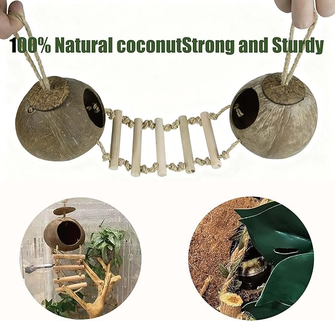 10PCS Crested Gecko Tank Accessories Set – Natural Double Coconut Shell with Ladder, Plants and Bridge Vines for Reptile Terrarium, Leopard Gecko, Lizard, Hermit Crab or Snake Habitat Decor