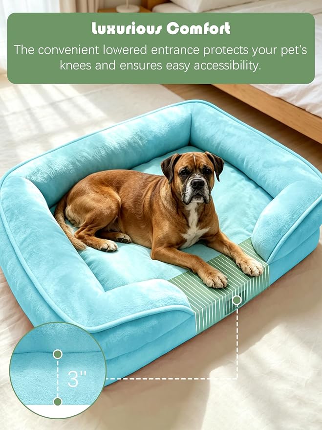 Spotted Play Orthopedic Dog Bed with Sides - Sofa Beds for Large Dogs, Supportive Foam Pet Couch Bed with Washable Removable Cover, Waterproof Lining and Non-Slip Bottom, Ice Blue - L-Plus