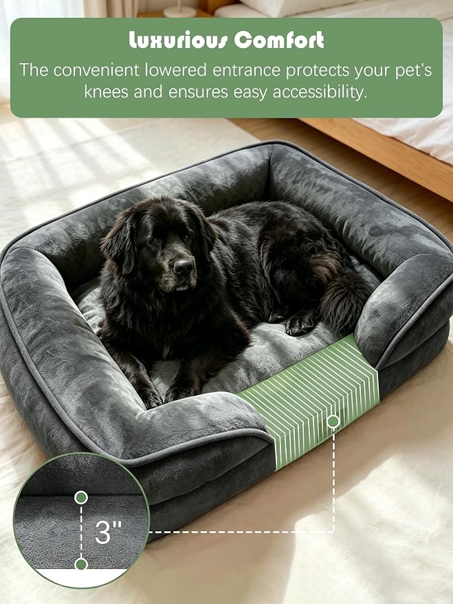 Spotted Play Orthopedic Dog Bed with Sides - Sofa Beds for Extra Large Dogs, Supportive Foam Pet Couch Bed with Washable Removable Cover, Waterproof Lining and Non-Slip Bottom, Dark Grey - XXL