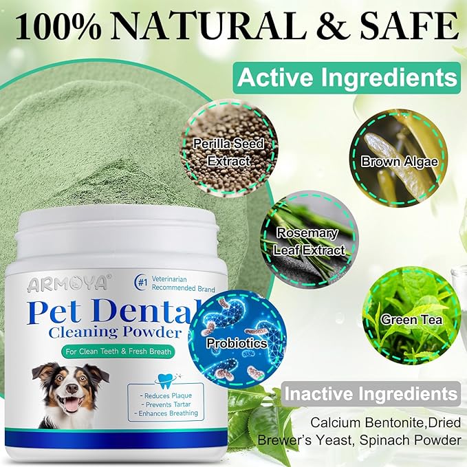 ARMOYA Dog Dental Powder for Fresh Breath and Healthy Teeth - Plaque Control for Small, Medium, Large Dogs