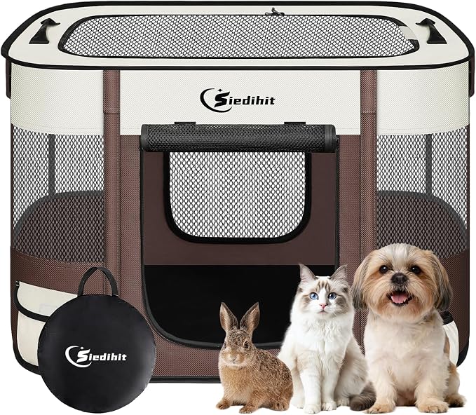Siedihit Dog Playpen, Cat Pet Puppy Crate, Portable Playpens Indoor Outdoor (Brown, Small)
