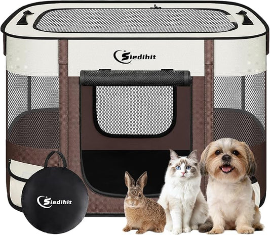 Siedihit Dog Playpen, Cat Pet Puppy Crate, Portable Playpens Indoor Outdoor (Brown, Small)