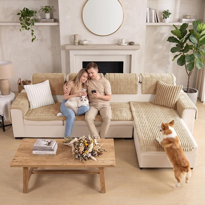 FUANGUI 2 Pack Waterproof Couch Cover for Dogs Pets Sofa Protector | Non-Slip Washable Fuzzy Soft Sofa Slipcover for 2 PCS L Shaped Sofa Pet Friendly, 27.6" x 59.1"+27.6" x 70.9",Khaki