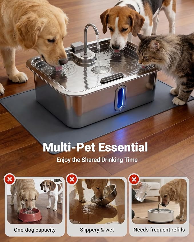 3.96Gal/15L Large Dog Water Fountain with Pet Feeding Mat and 3 Filters | Stainless Steel Pet Water Fountain for Dogs Cats, Dog Water Bowl Dispenser with Visible Window, Alert Light, Quiet Pump