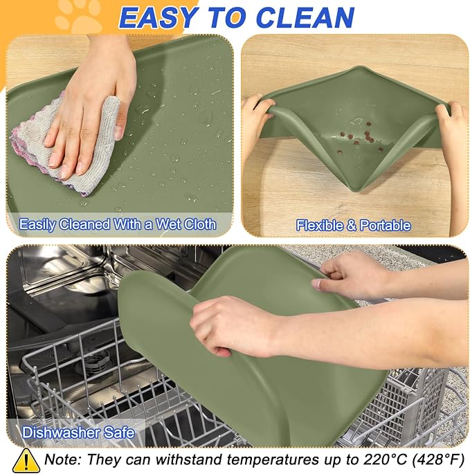 SMILOOL Waterproof Silicone Pet Food Mat with Raised Edge for Dog & Cat | 22" x 14" Non-Slip Pet Feeding Mats with Lip for Food & Water Bowl, Food Grade, Easy Cleaning, Light Olive Green