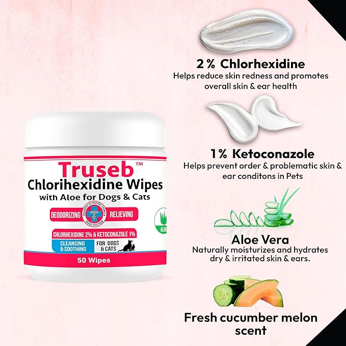 Pet Health Pharma Truseb Topical for Dogs, Cats and Horses - with Aloe for Cleansing (Ketoconazole & Chlorhexidine Wipes, 100 Count)