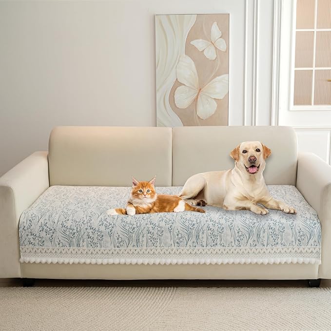 HANDONTIME Floral Chenille Sofa Cover, White Plush Fringed Dog Couch Cover, Jacquard Dog Mat for Couch Sofa, Washable & Anti-Slip Pet-Friendly Furniture Protector for Sectionals (Blue,35.4" x 63")
